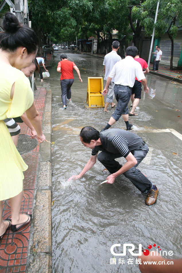 臺(tái)風(fēng)過后廈門城區(qū)積水 市民“渾水摸魚”收獲豐