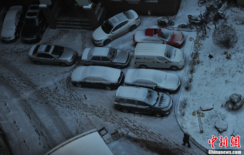 11月18日，沈陽(yáng)街頭車輛被積雪覆蓋。