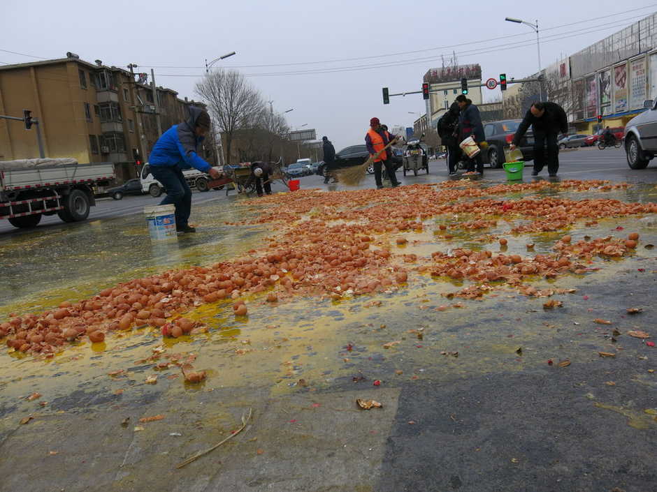 萬(wàn)枚雞蛋撒馬路 路人幫撿未哄搶