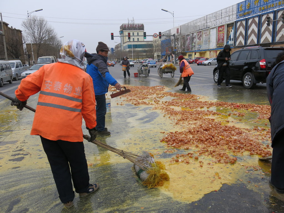 萬(wàn)枚雞蛋撒馬路 路人幫撿未哄搶