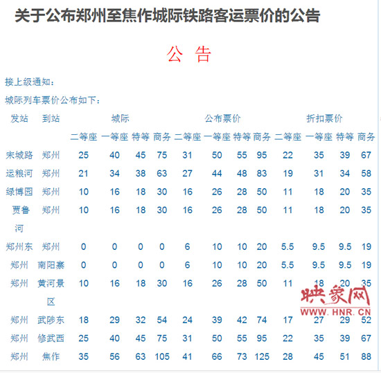 鄭焦城鐵票價公布