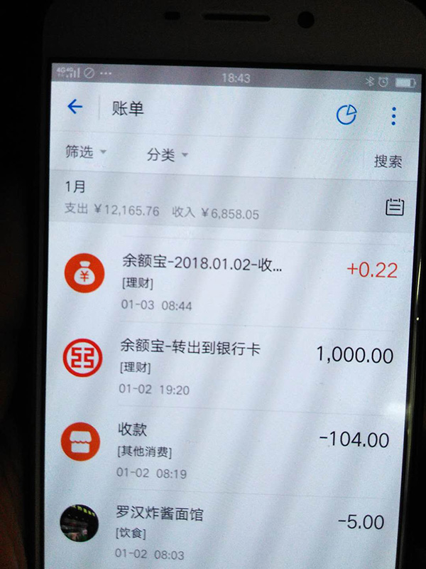 羅正宇2018年1月的支付寶賬單。