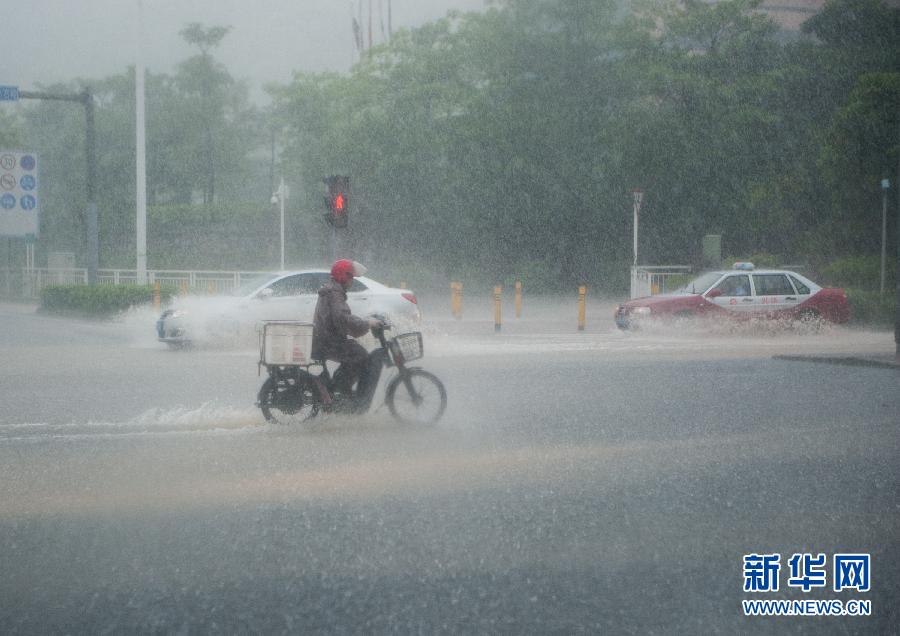 5月11日，車輛在深圳西麗留仙大道涉水前行。