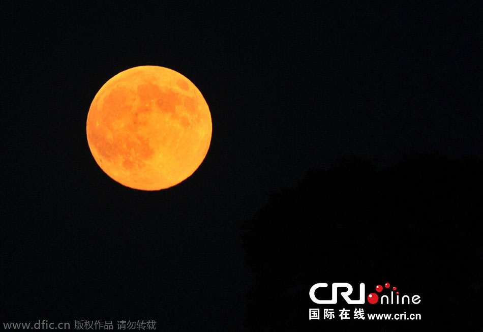 8月10日晚，一輪金燦燦的大月亮在遼寧省大連市東方升起。圖片來(lái)源：劉德斌/東方IC