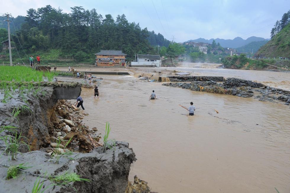 貴州雷山遭暴雨襲擊 村民在洪水中淡定撈魚(yú)