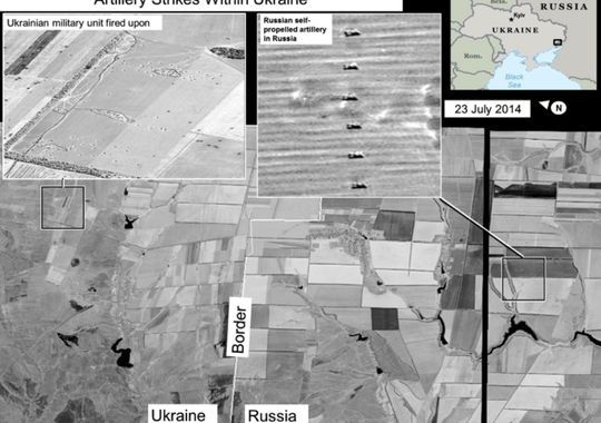 　美國公布衛(wèi)星照片，顯示俄軍方開炮支持烏克蘭民間武裝。